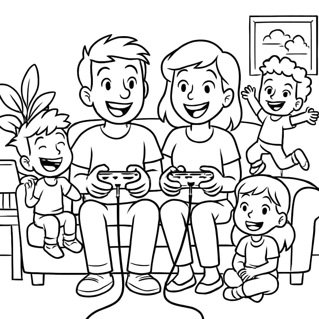 pareja jugando videojuegos en el sofá con 3 niños