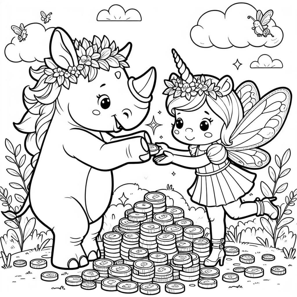 a rhinoceros taking gold from a unicorn fairy