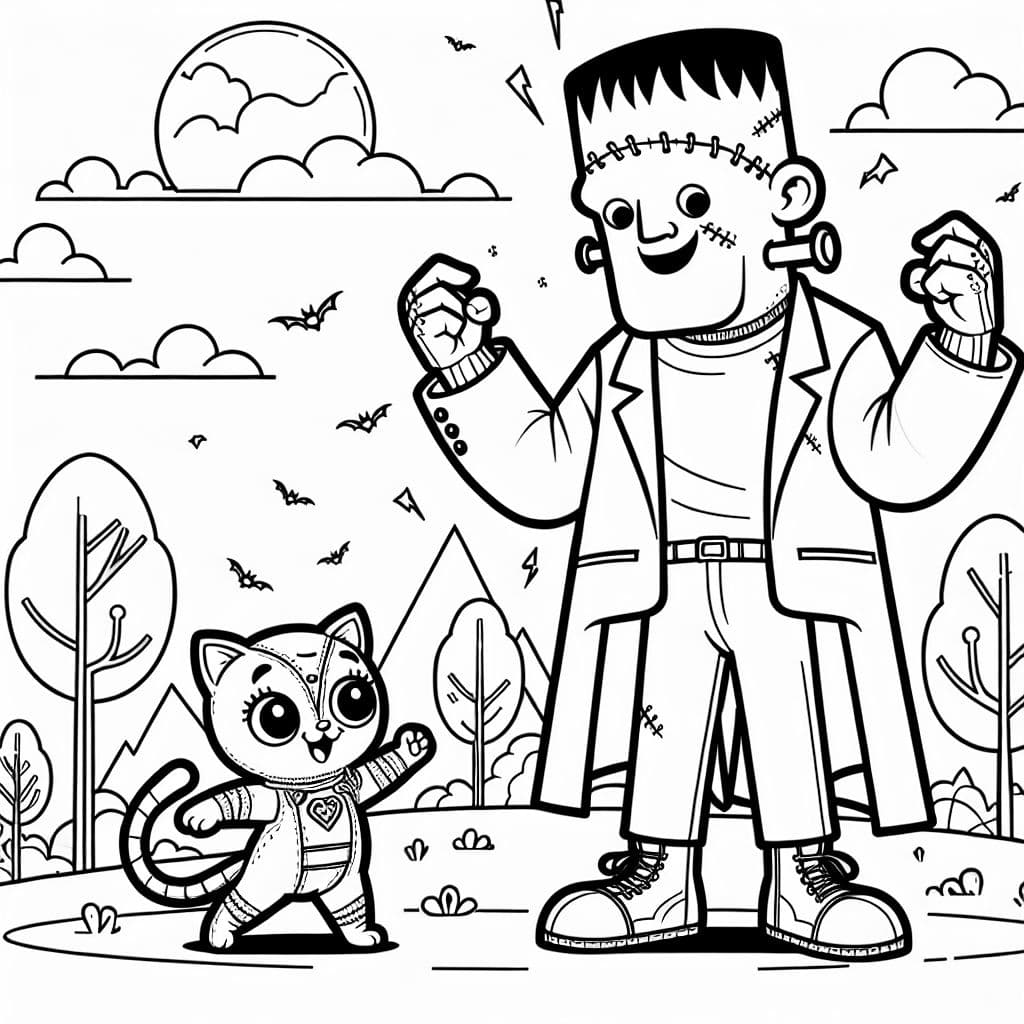 frankenstein's monster playing with a kitten superhero