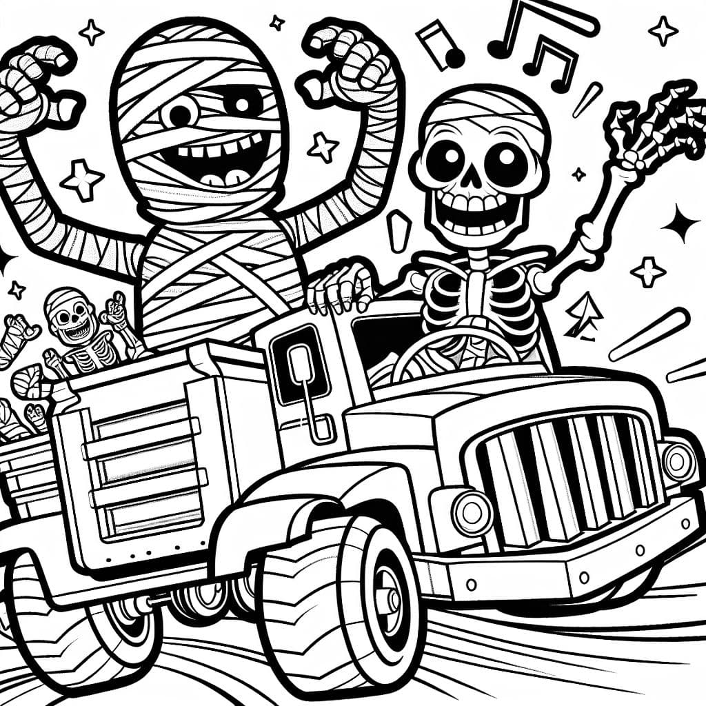 a mummy and a skeleton riding in a monster truck