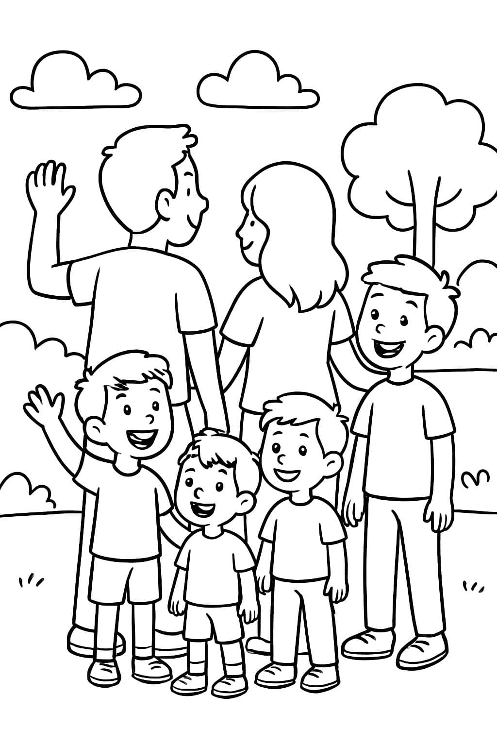 Familie von sechs Personen von hinten. Papa, Mama und 4 Jungen im Alter von 17, 10, 8 und 8 Jahren.