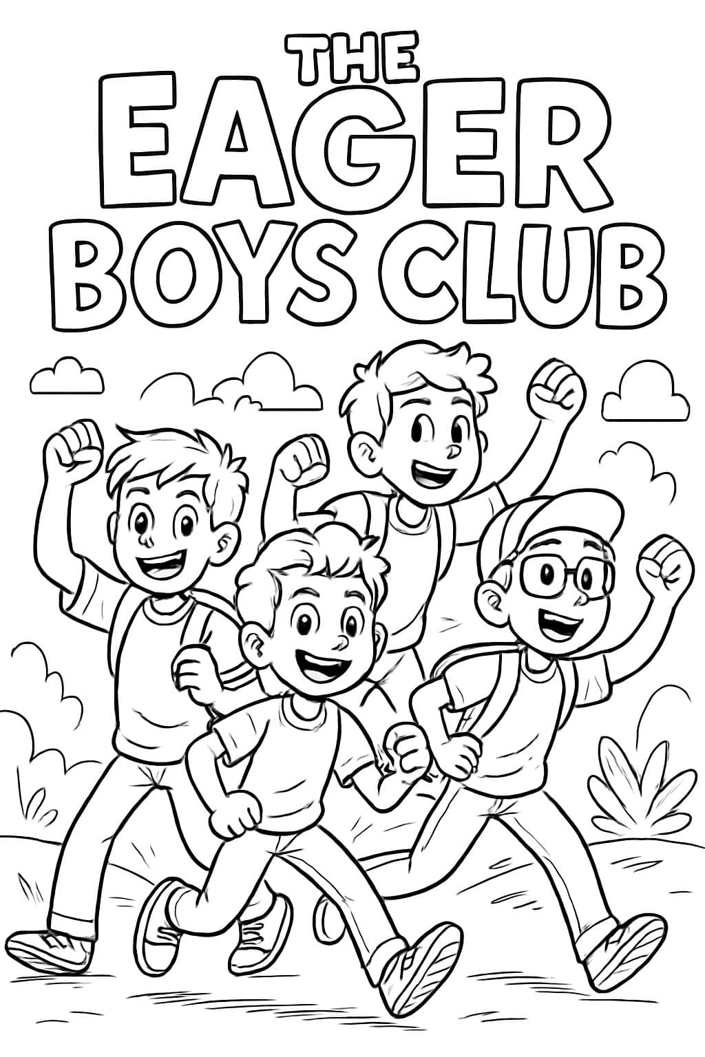 « Le Club des Garçons Enthousiastes » sans image, juste des mots écrits en lettres amusantes à colorier.