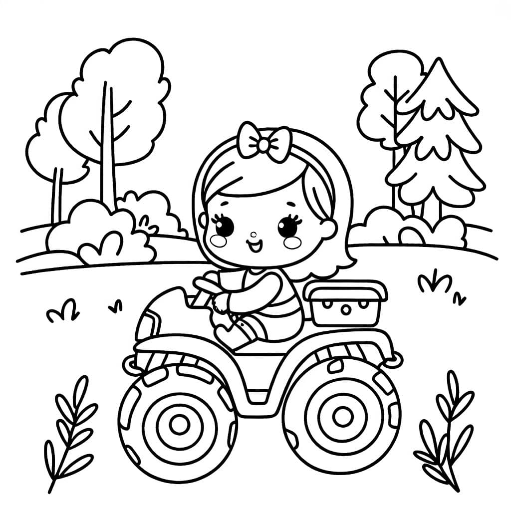 3 year old white female toddler driving a small 4 wheeler in the forest