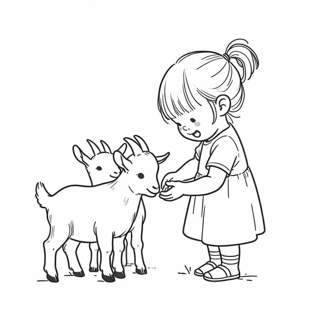 3 year old white female toddler playing with a goat