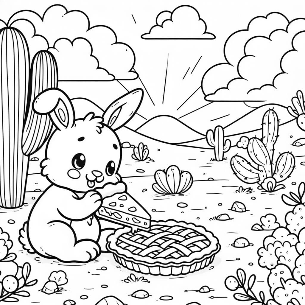 un conejo en el desierto comiendo tarta de manzana