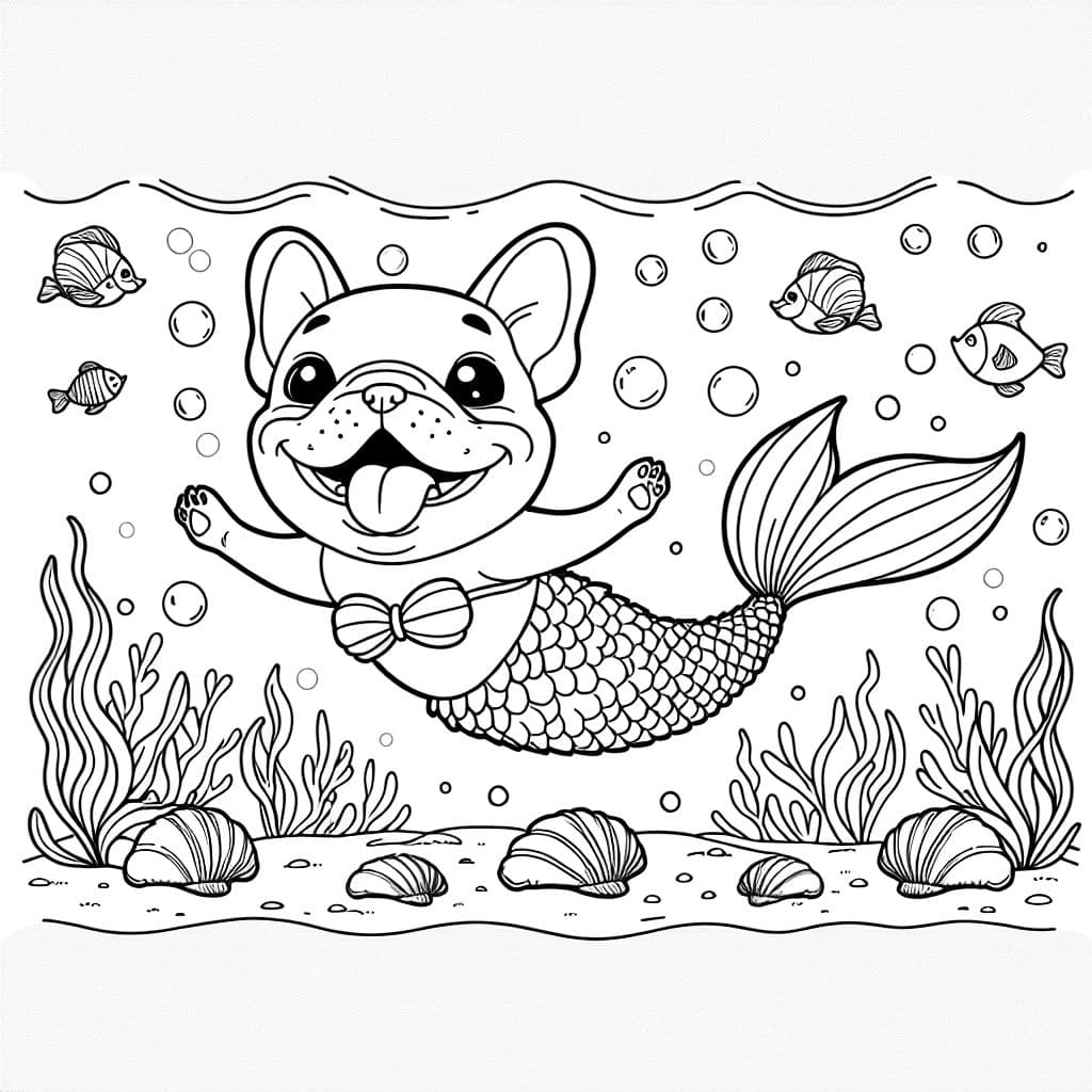 french bulldog slash mermaid, in the ocean swimming near sea shells