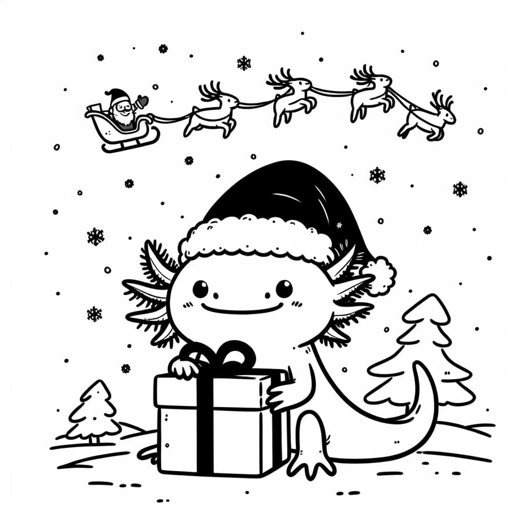 an axolotl wearing a santa hat and holding a present, while it's snowing, and santa's sleigh is in the sky