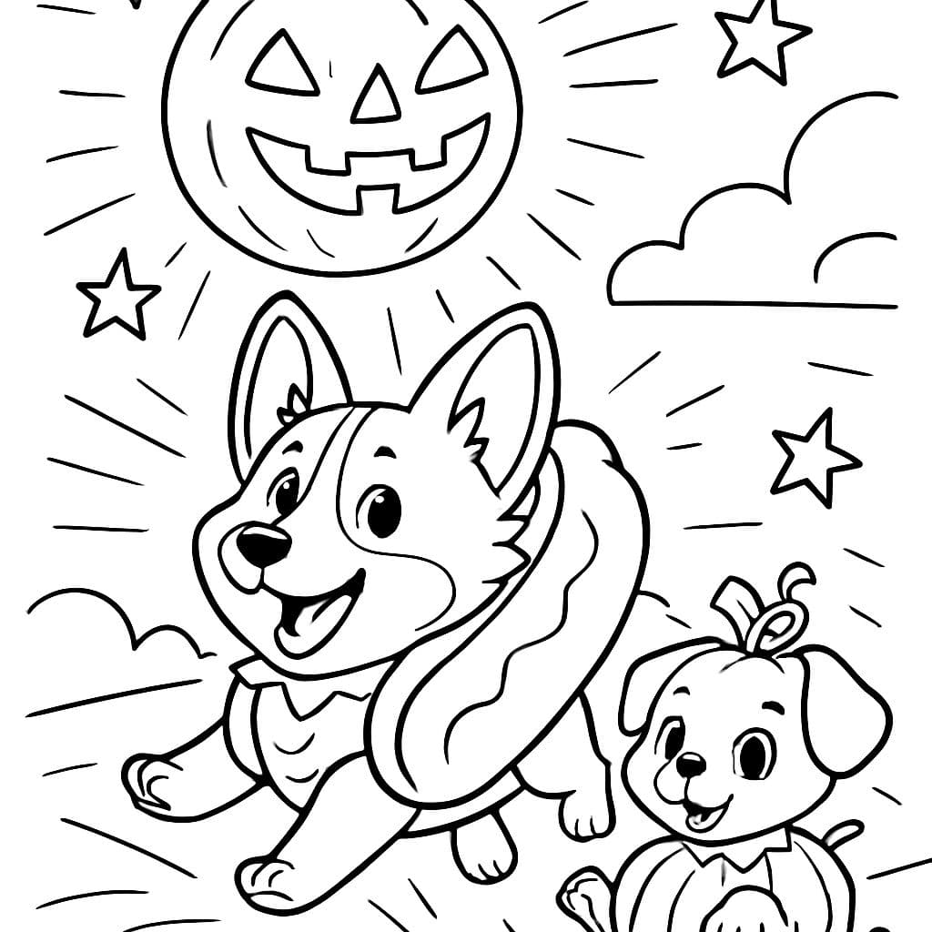 a corgi dressed up as a hotdog, a cute puppy dressed up as a pumpkin, underneath a moon that is a pumpkin