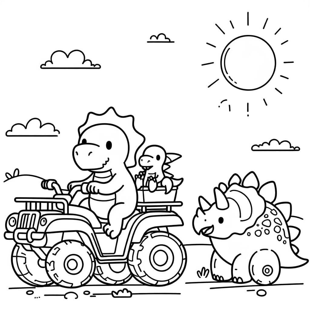 a dinosaur riding an ATV on a sunny day, with a baby triceratops and baby stegosaurus left behind