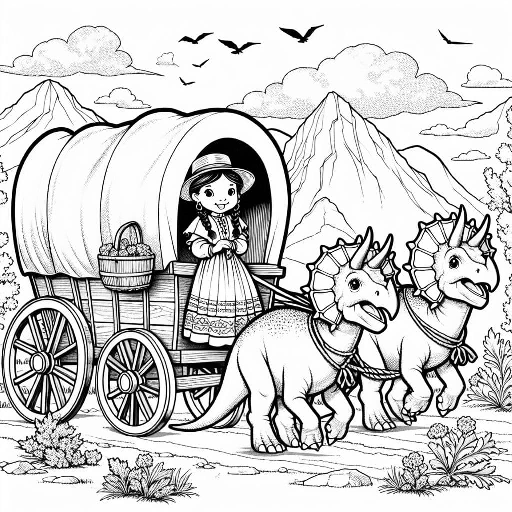 A pioneer girl with a covered wagon pulled by triceratops dinosaurs