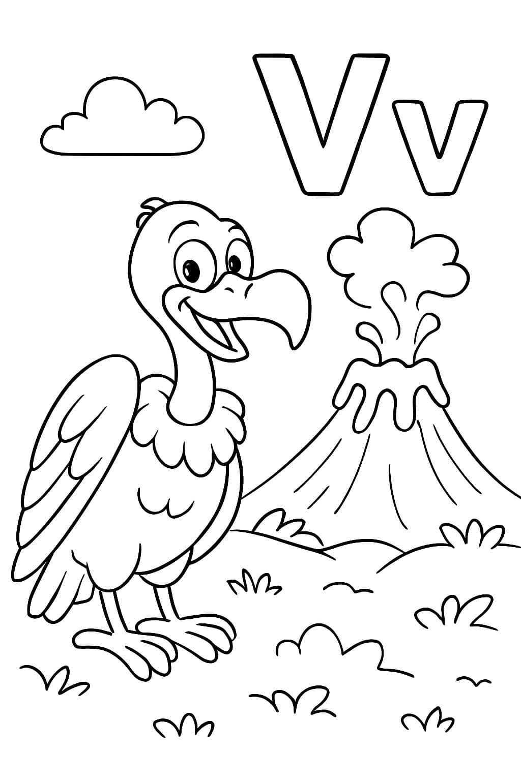 The capital letter V and the lower case letter v with a Vulture and a Volcano