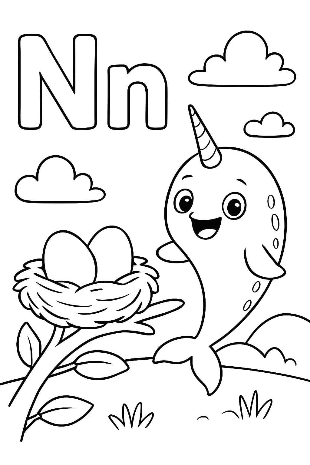 Der Buchstabe N und der Buchstabe n mit einem Nest und einem Narwal