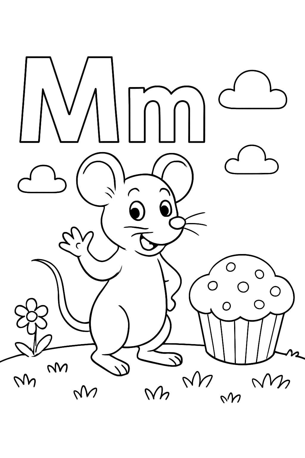 Der Buchstabe M und der Buchstabe m mit einer Maus und einem Muffin