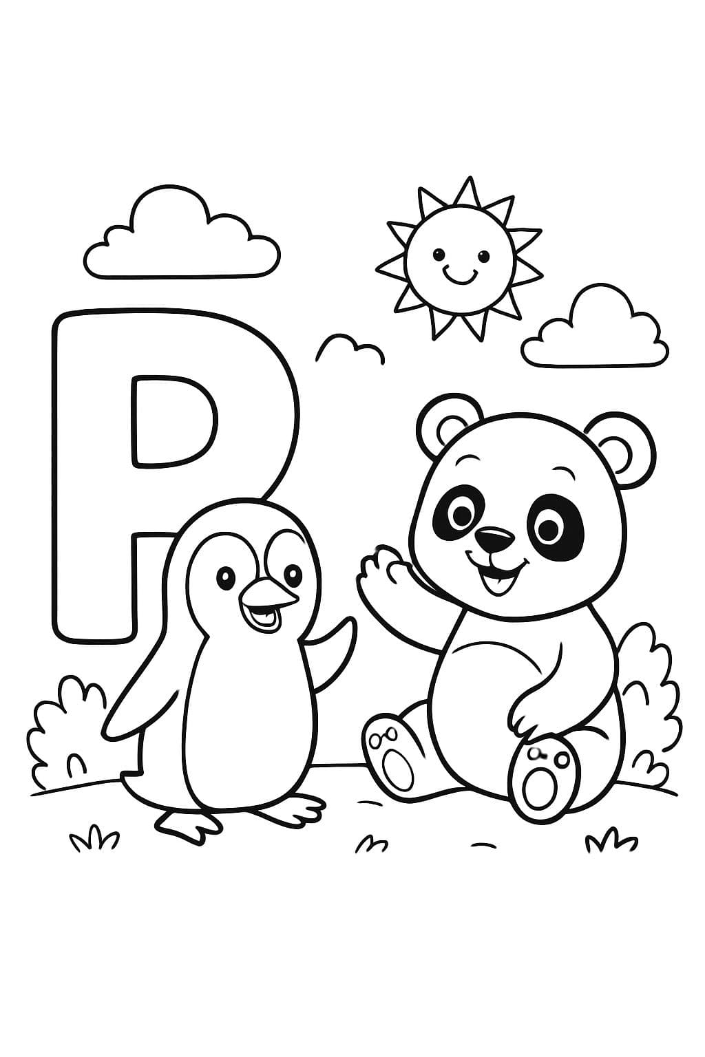 Der Buchstabe P und der Buchstabe p mit einem Pinguin und einem Panda