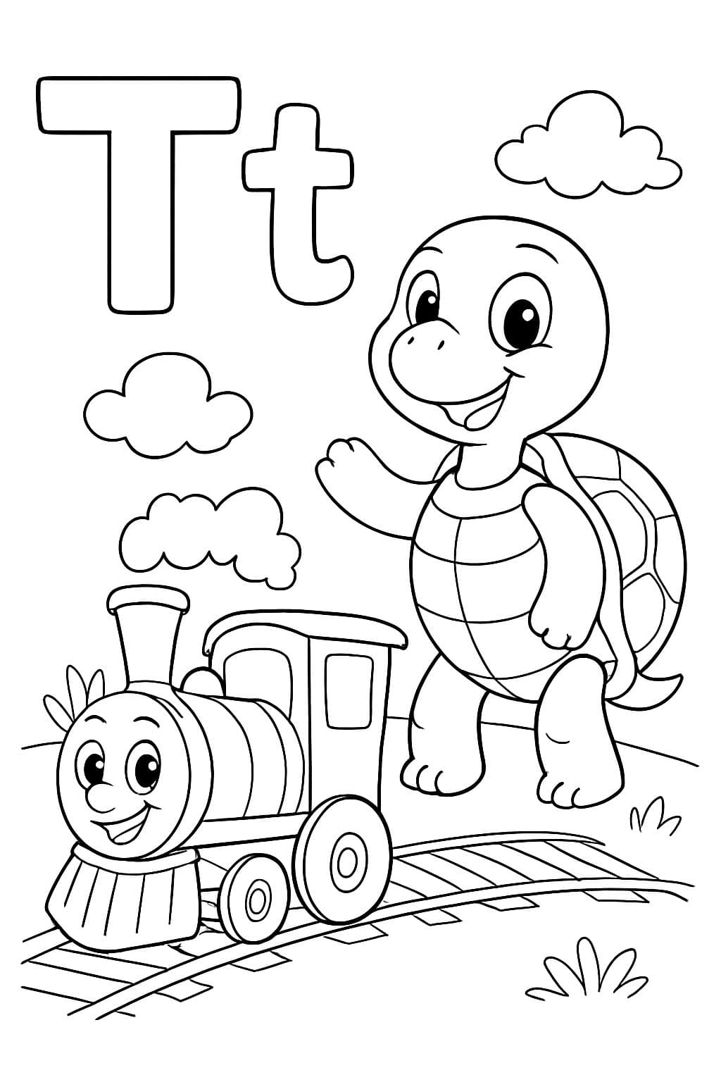 La lettre majuscule T et la lettre minuscule t avec un train et une tortue