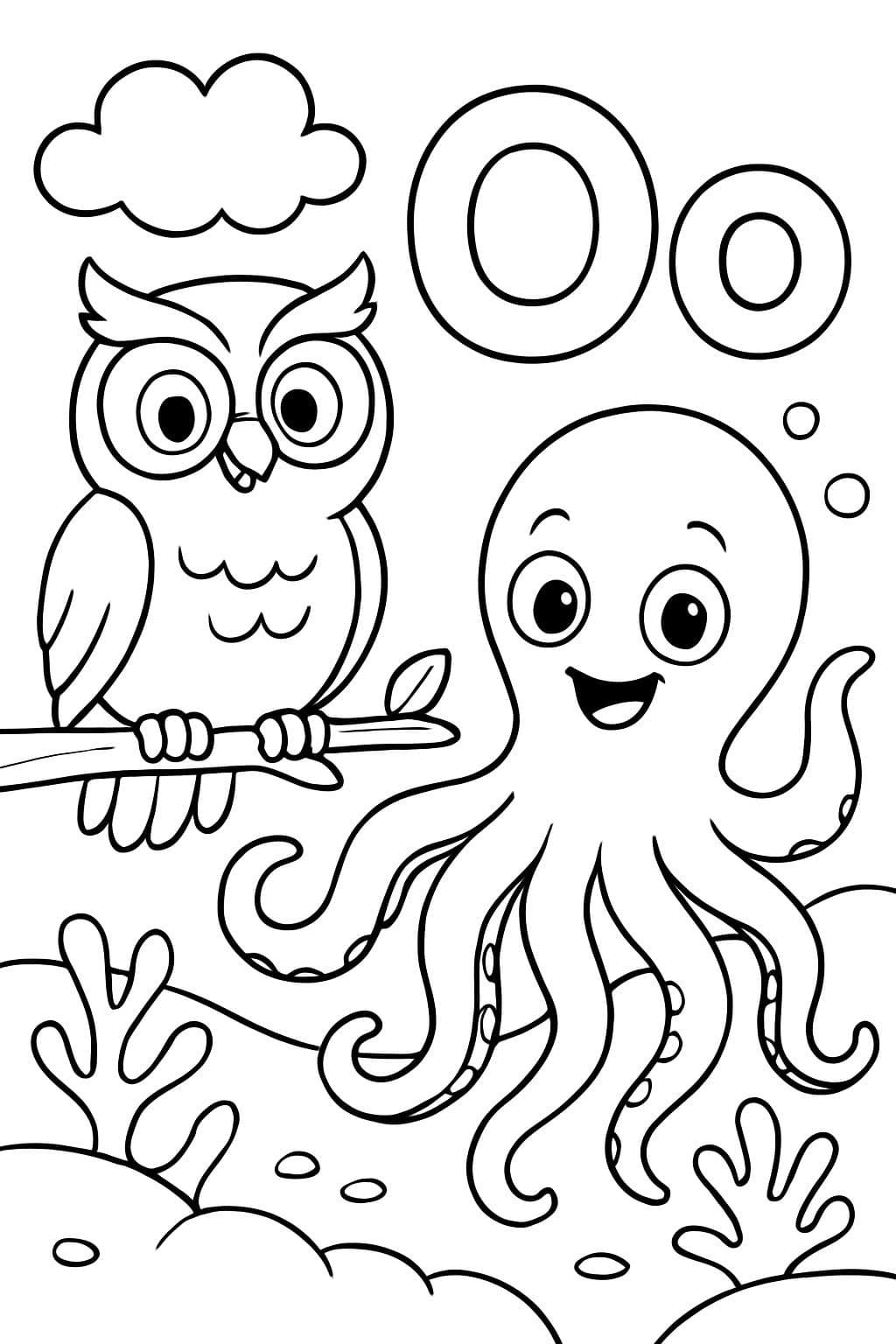 Der Buchstabe O und der Buchstabe o mit einer Eule und einem Oktopus
