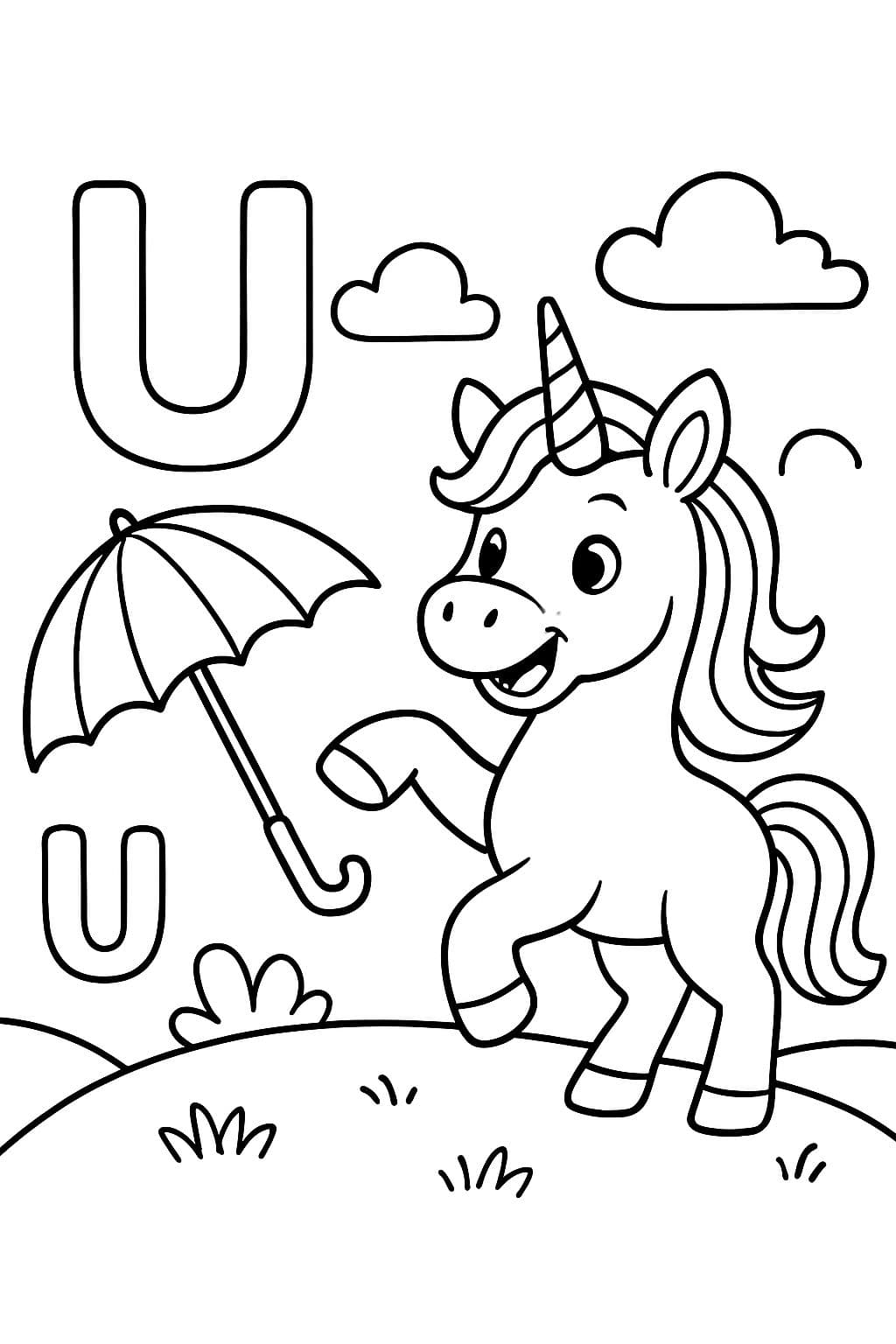 La letra mayúscula U y la letra minúscula u con un unicornio y un paraguas.