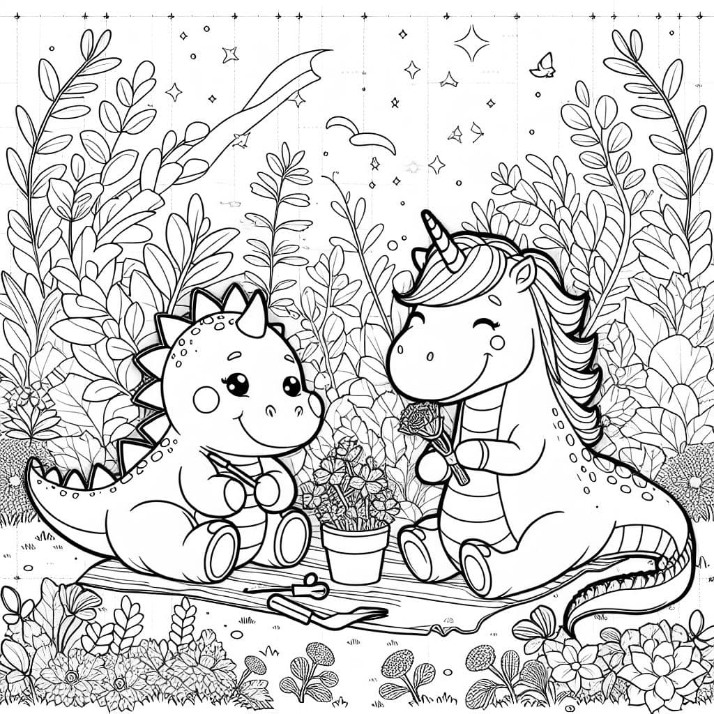 Ein Einhorn und ein Dino bei der Gartenarbeit