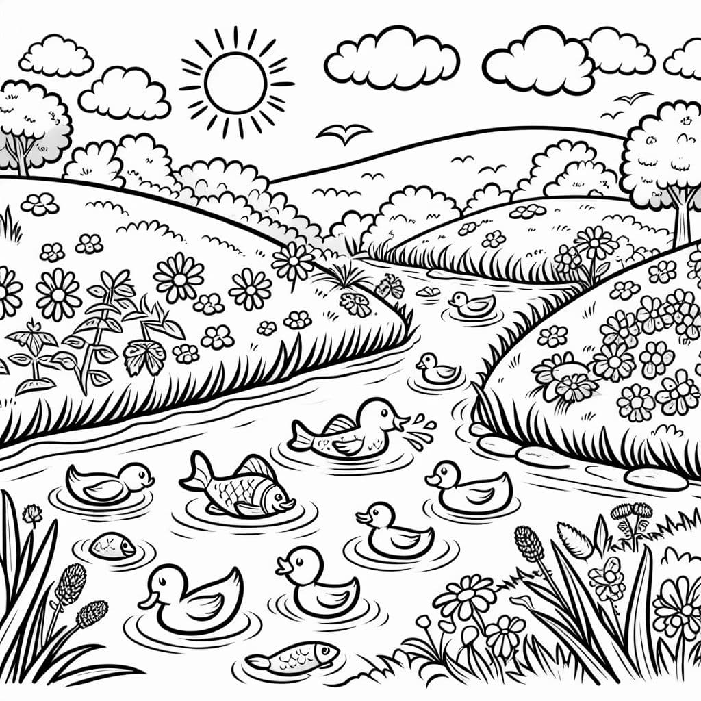 eine wiese mit einem Bach in diesen schwimmen Fische und ein paar enten