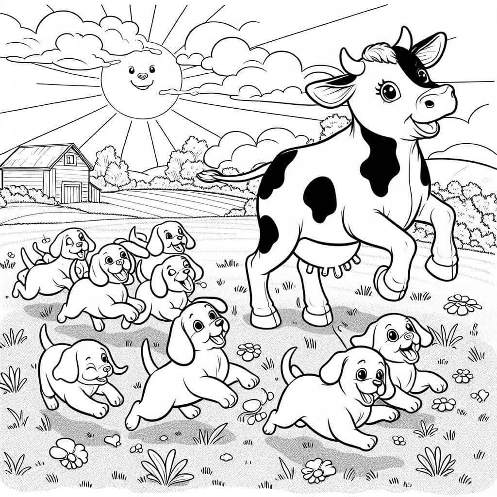 Perros con una vaca Hilyn, creando una escena encantadora y amigable para que los niños coloreen.