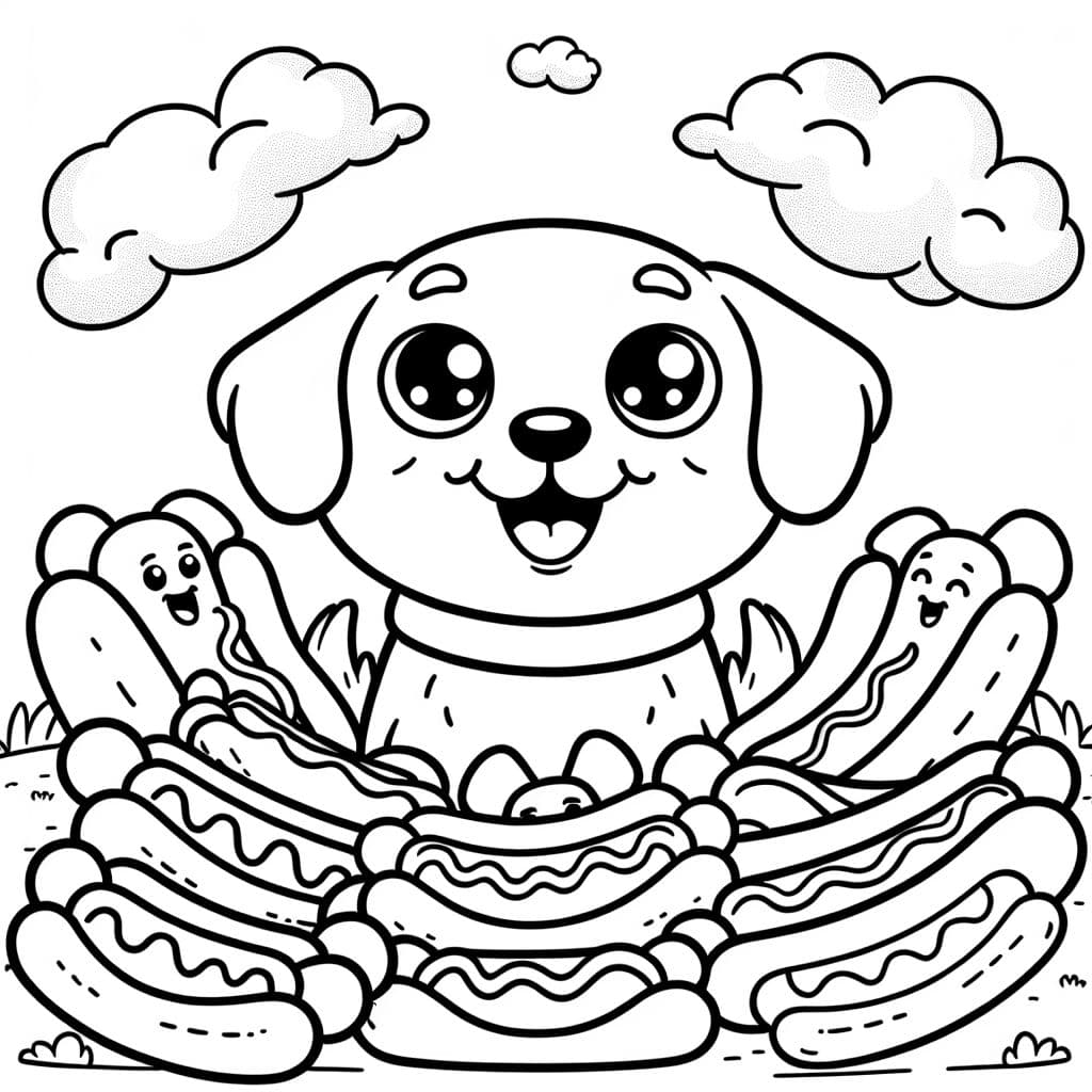 Un perro con un montón de perritos calientes.