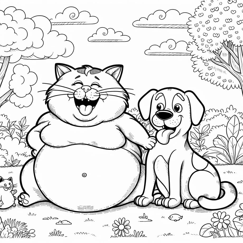 Un gato y un perro gordos en una página para colorear colorida.