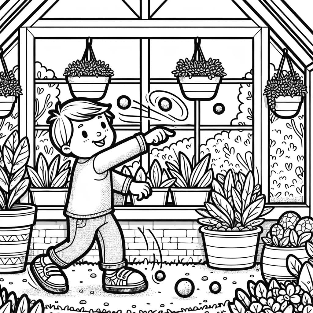 ein Kind das im Gewächshaus mit Steinen wirft