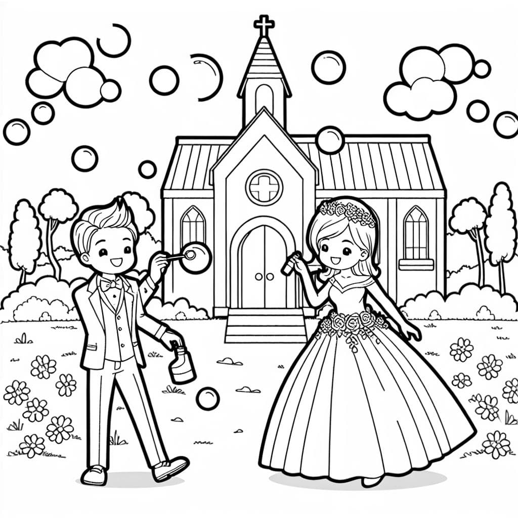 Ein Hochzeitspaar mit Seifenblasen vor einer Kirche