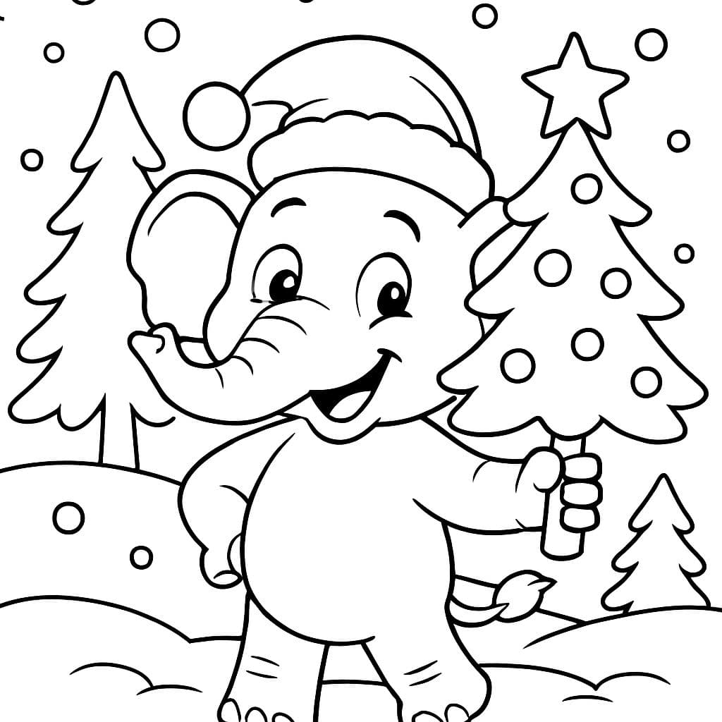 Einen Elefanten mit Weihnachtsmütze und einem Christbaum in der Hand