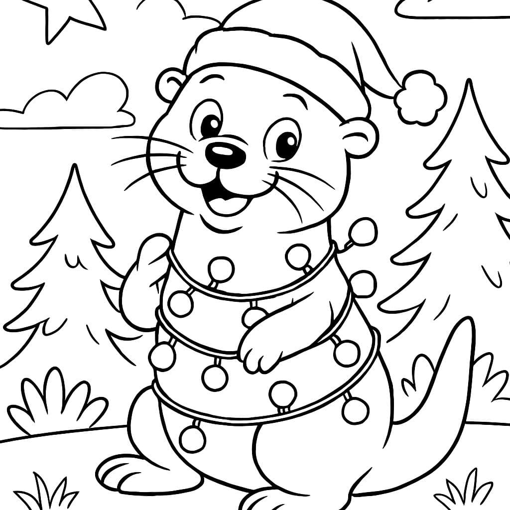 Una nutria con un gorro navideño y una cadena de luces alrededor del cuerpo