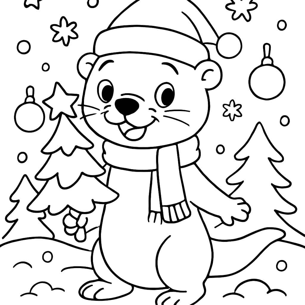 Una nutria sosteniendo un árbol de Navidad y bolas navideñas