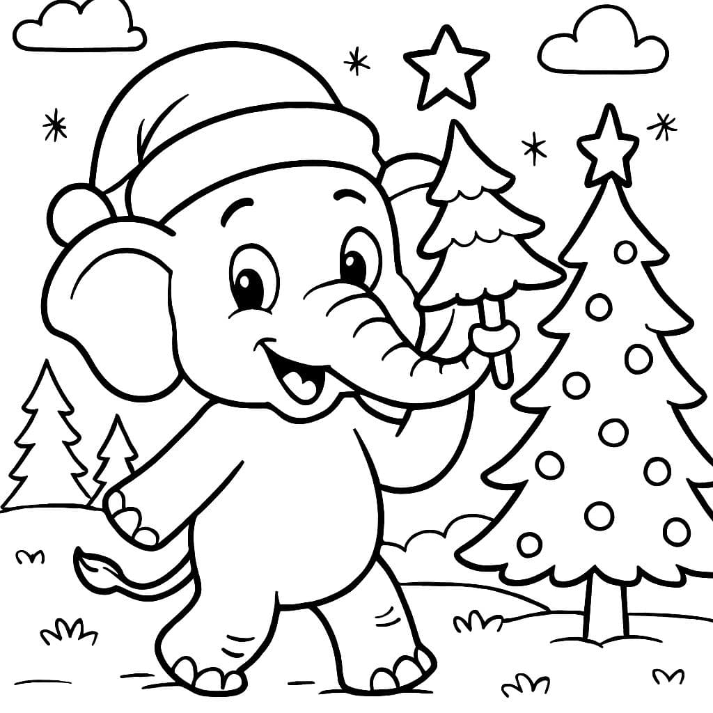Un elefante con un gorro de Navidad sosteniendo un árbol de Navidad en su trompa