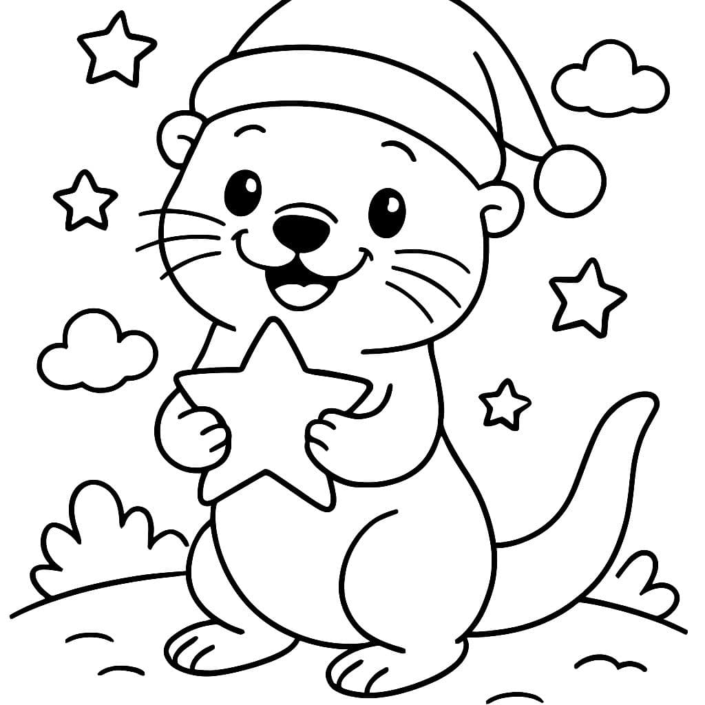 Un loutre avec un chapeau de Noël et une étoile dans chaque main