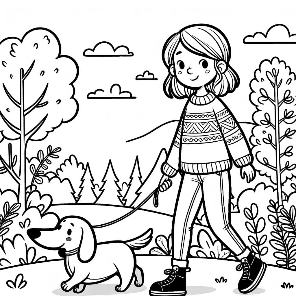 Una mujer con cabello castaño claro que lleva un suéter y jeans, paseando a su perro salchicha por el bosque.