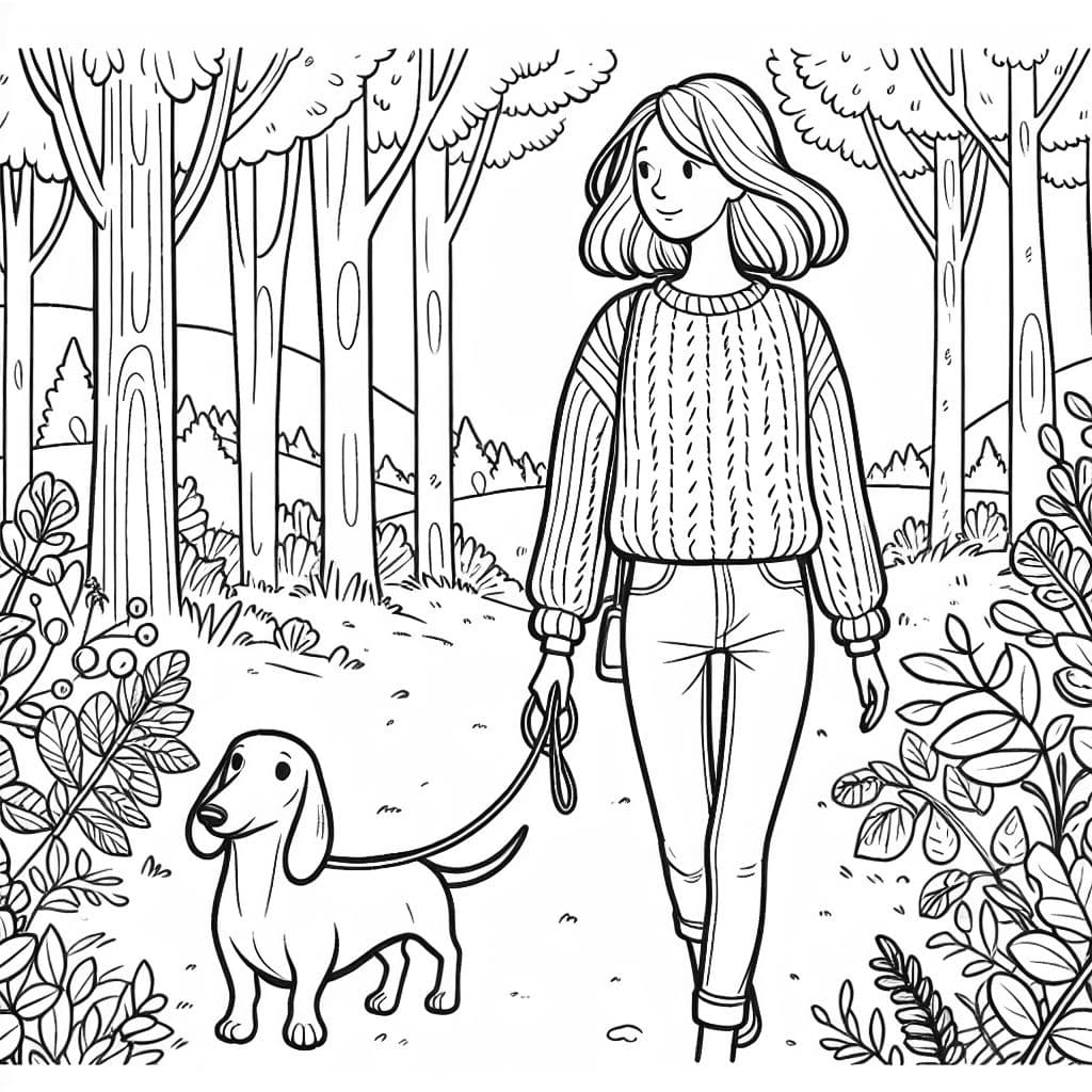 Una mujer con cabello de longitud media, vistiendo un suéter y jeans, paseando a su perro salchicha por el bosque.