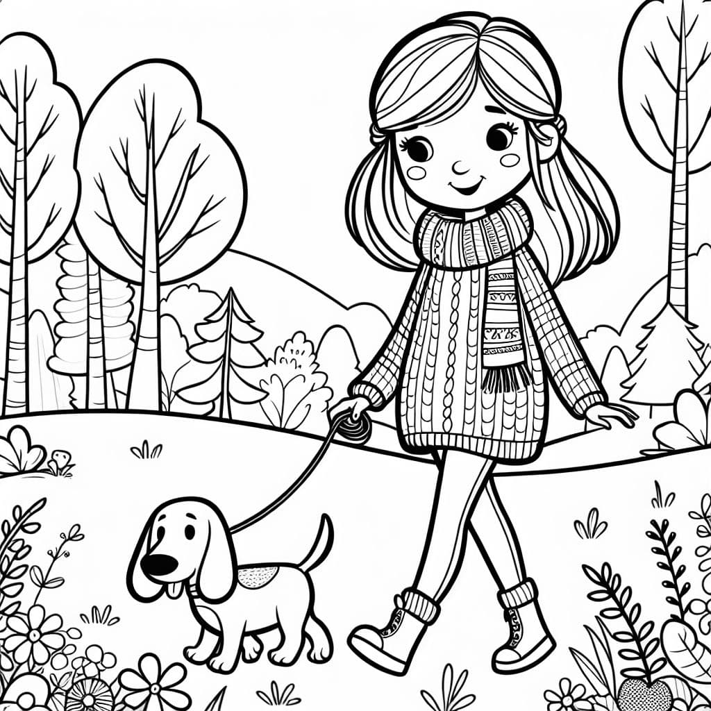 Une femme aux cheveux châtain clair portant un pull et un jean, promenant son chien saucisse à travers les bois.