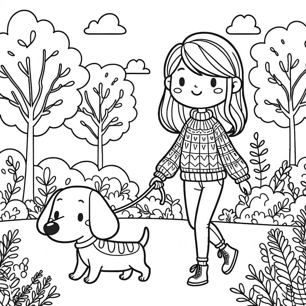 Una mujer con cabello castaño claro, vestida con un suéter y jeans, paseando a su perro salchicha por el bosque.