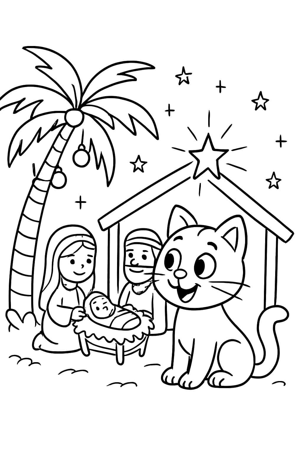 Un gato observando un nacimiento con una palmera de Navidad.