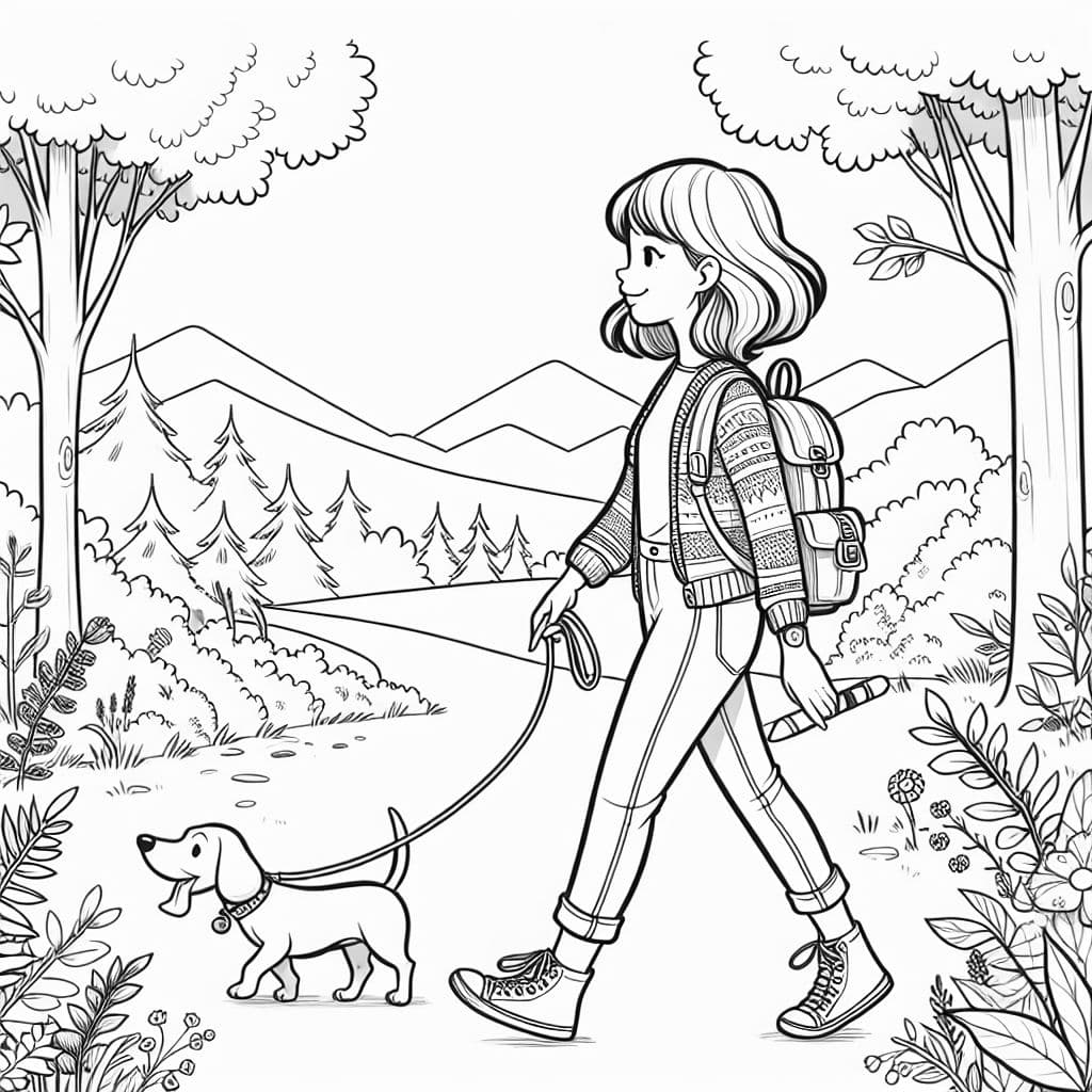 Una mujer con jeans y un suéter, con cabello castaño claro de longitud media, paseando a su perro salchicha por el bosque. Lleva una mochila.