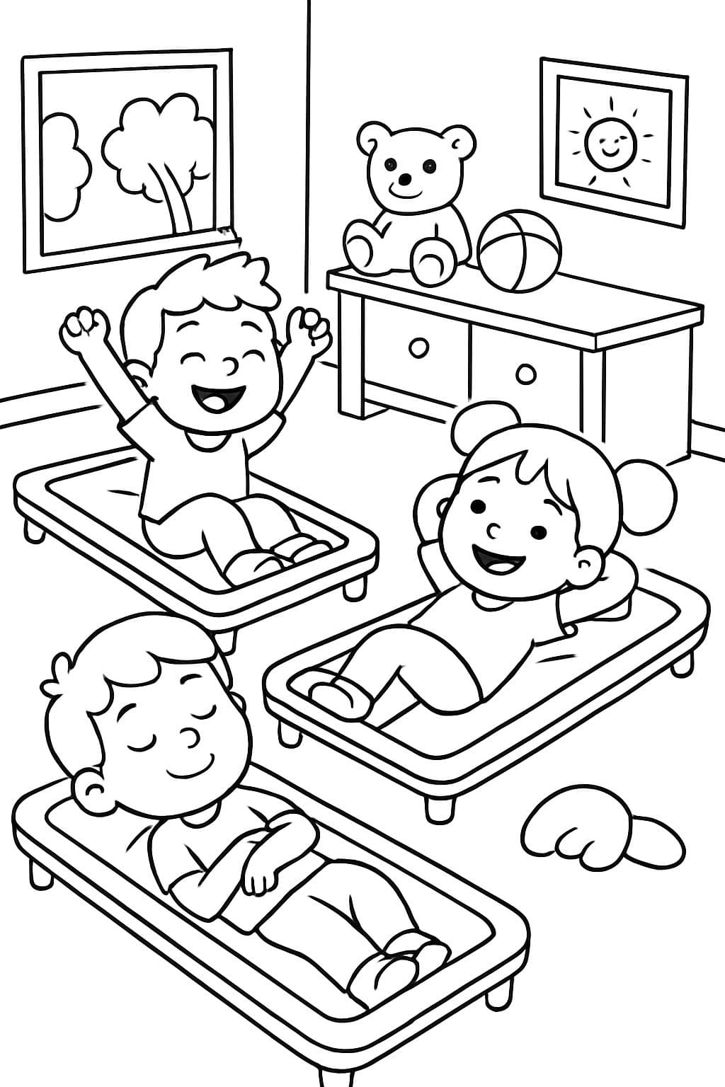 Kleine Kinder in der Krippe ruhen sich auf Betten aus.