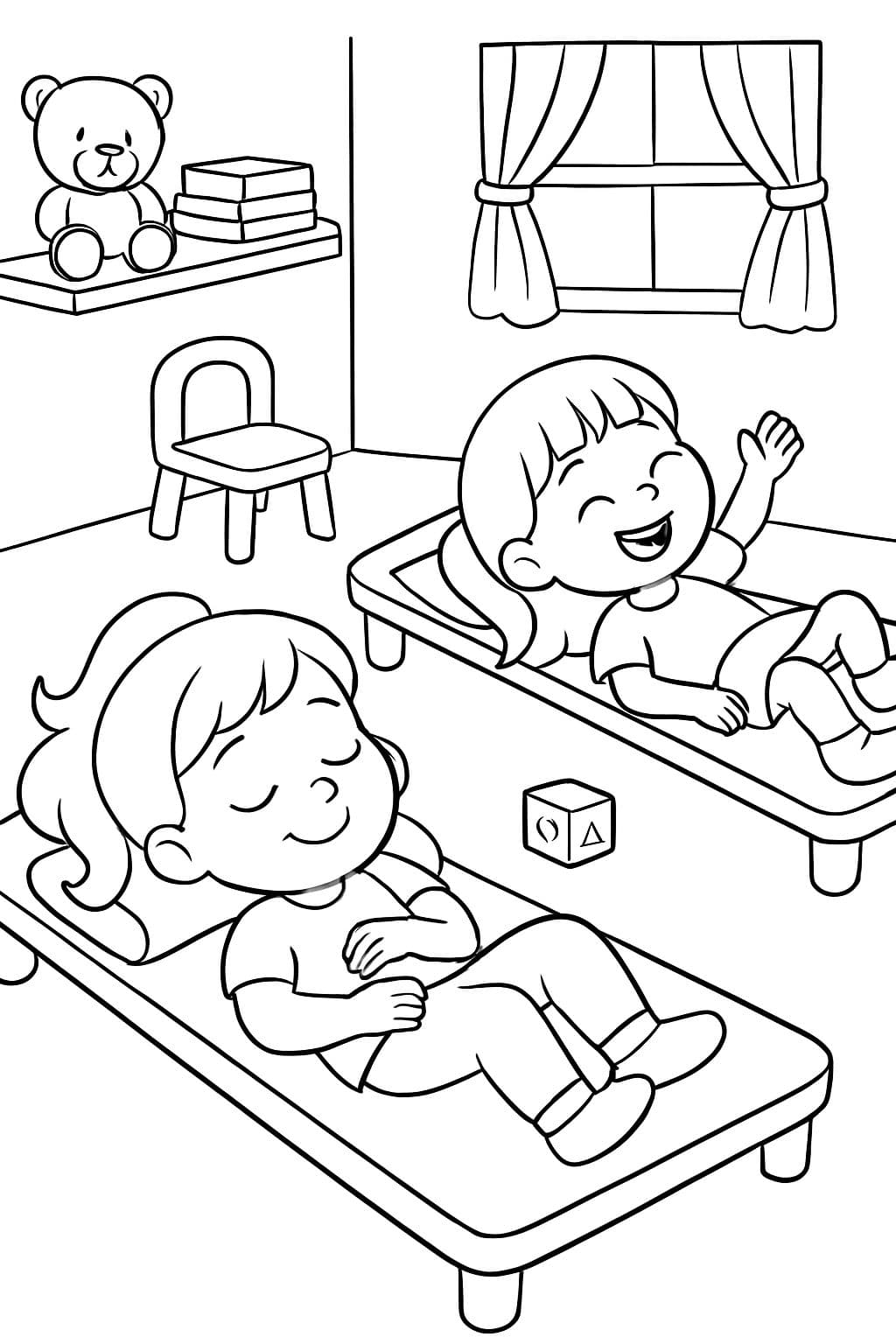 niñas pequeñas en la guardería descansando en cunas.