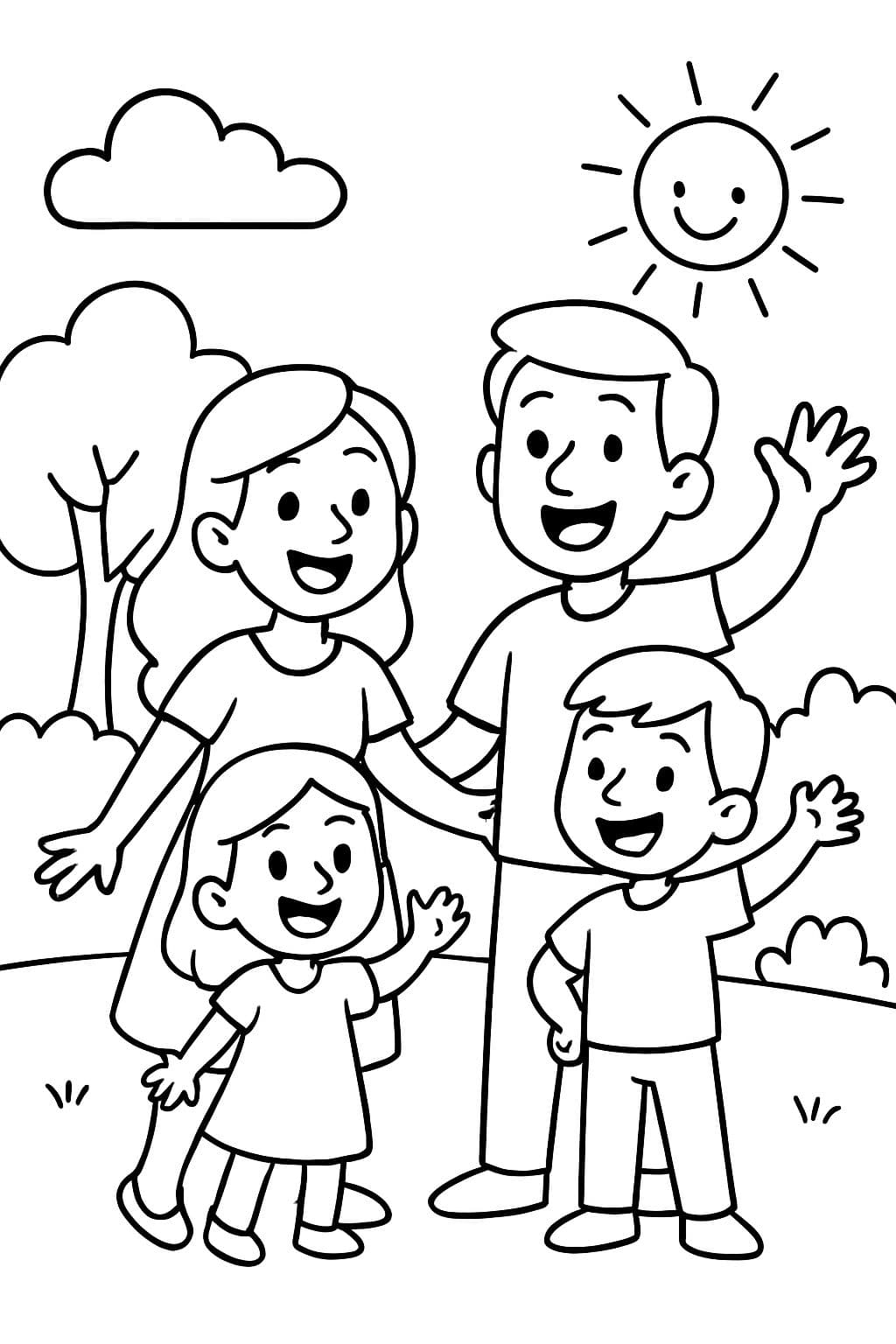 Famille heureuse avec fille en robe, papa et fils en pantalon.