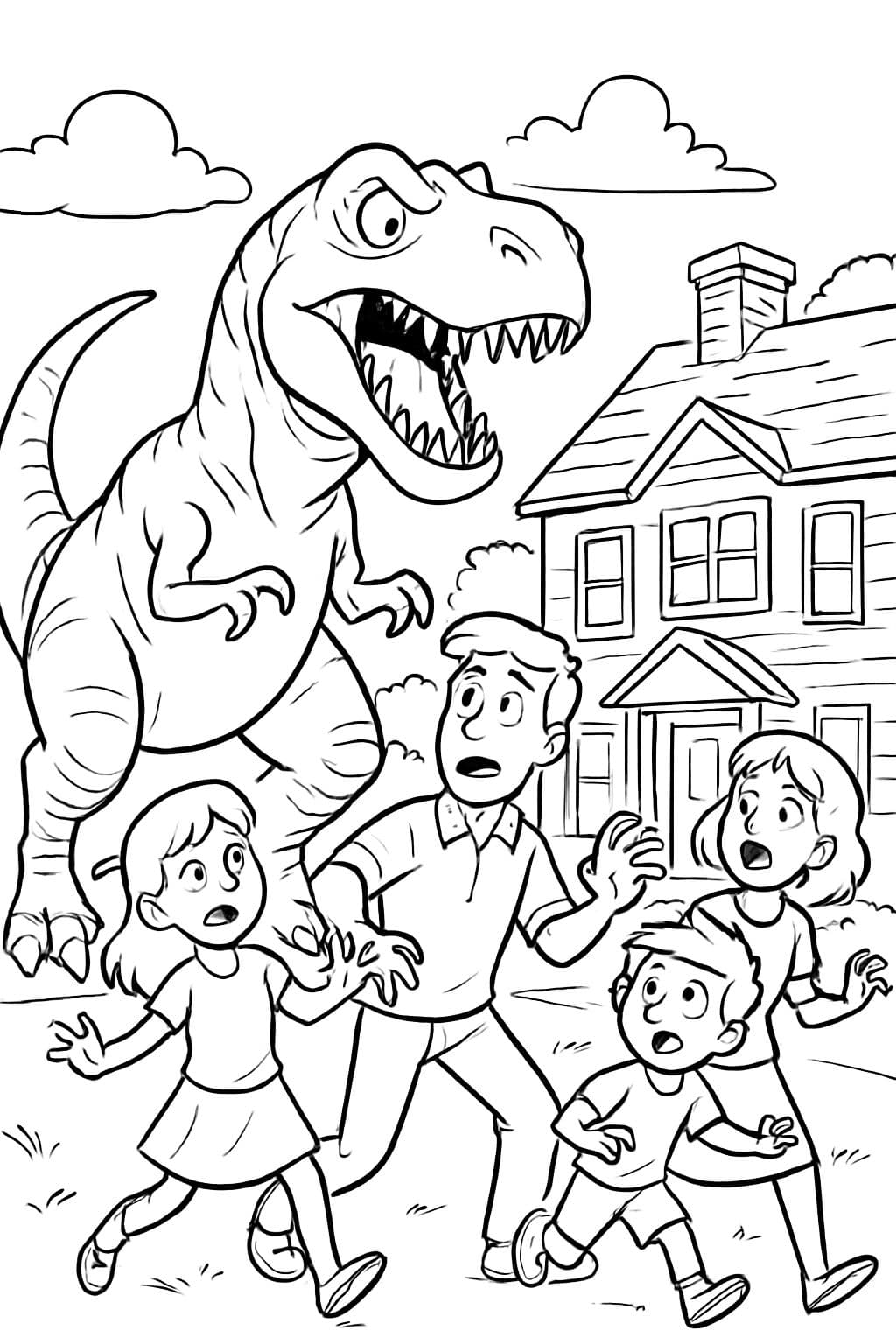 Dinosaurio asustando a una familia en su casa