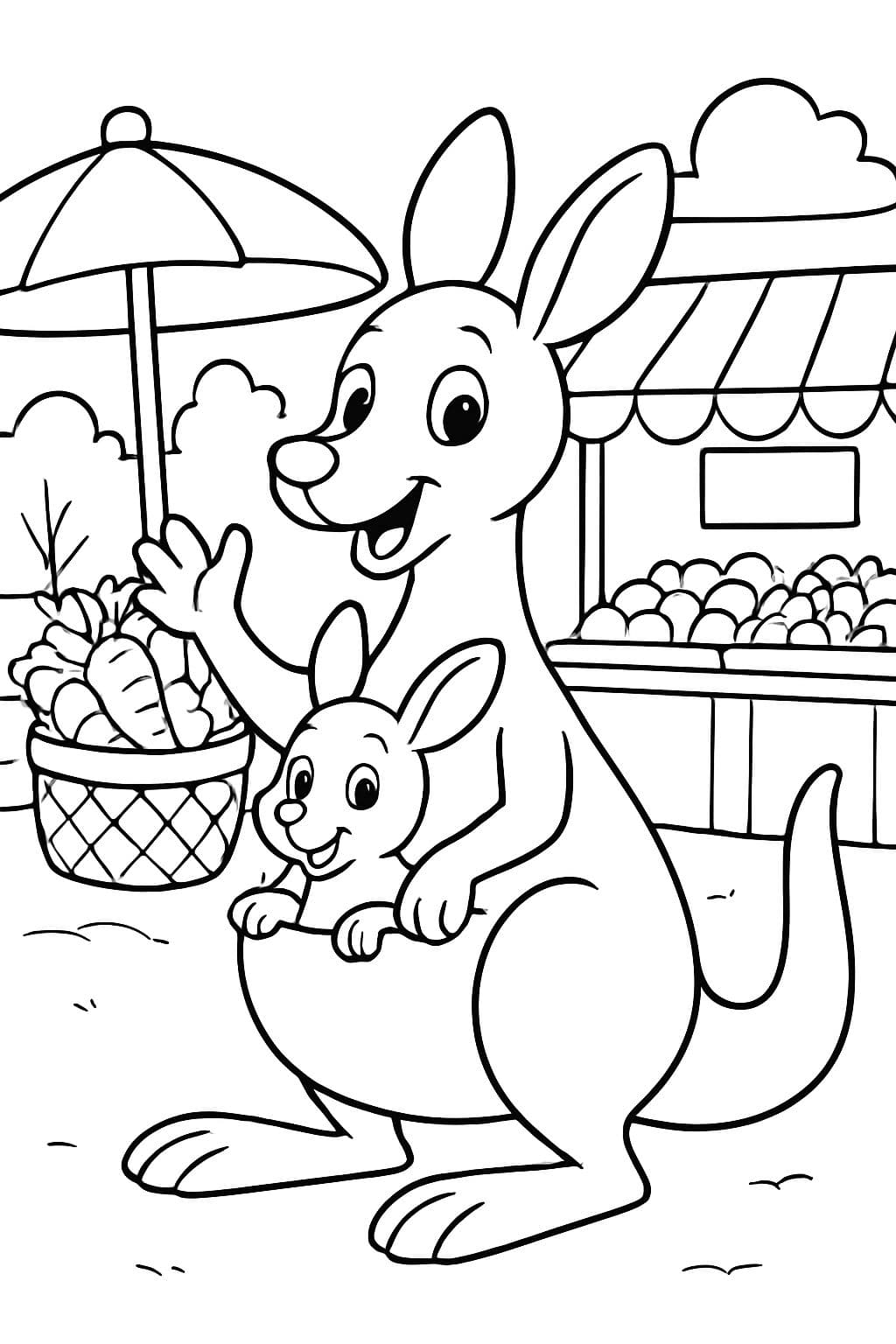 Un kangourou avec un bébé achetant des courses au marché.