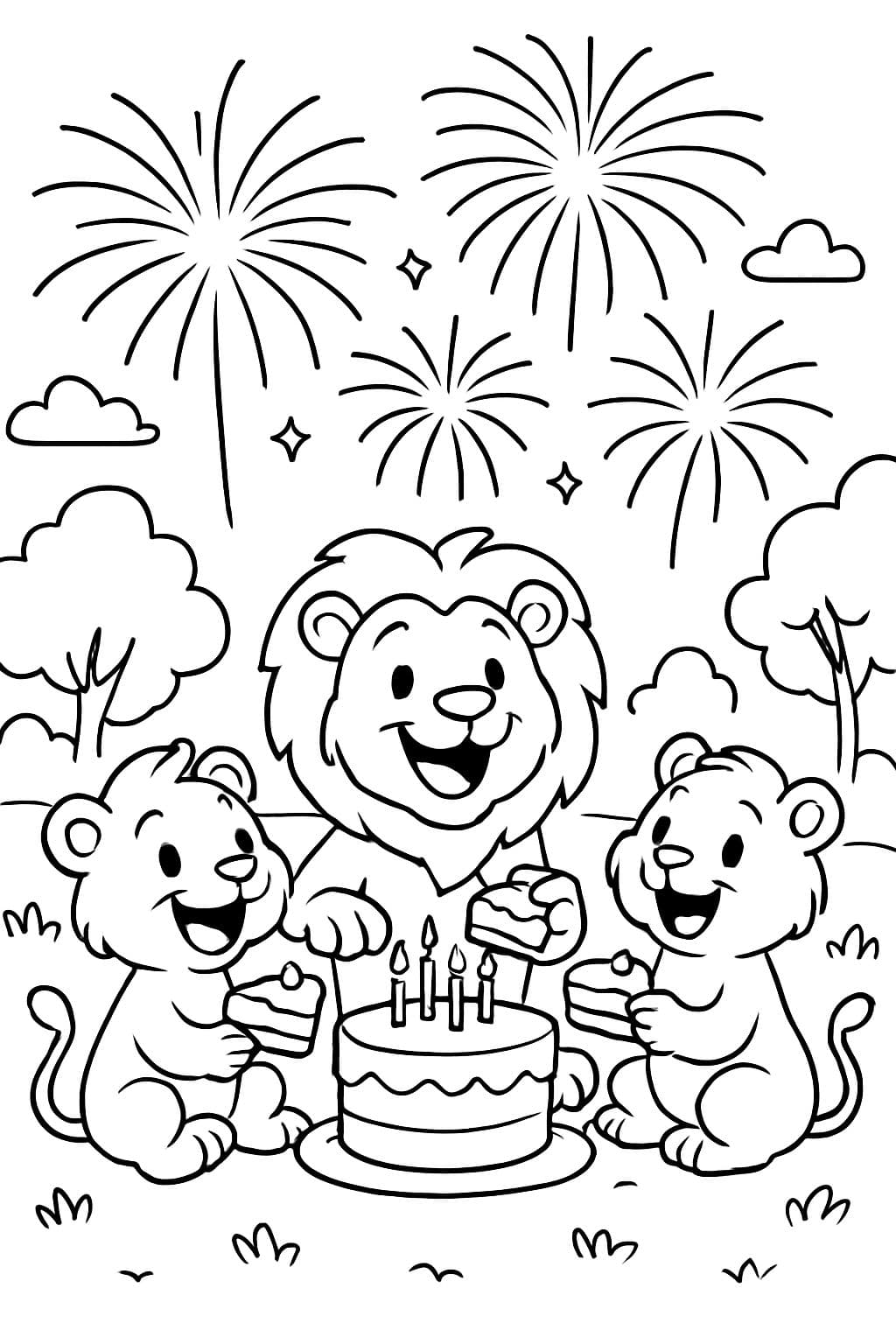 Três leões do lado de fora comendo bolo enquanto assistem a fogos de artifício.