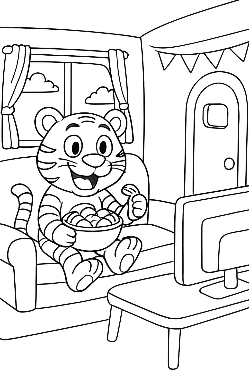 Un tigre avec des anneaux au lieu de rayures sur le canapé dans une caravane regarde la télévision tout en mangeant des chips.