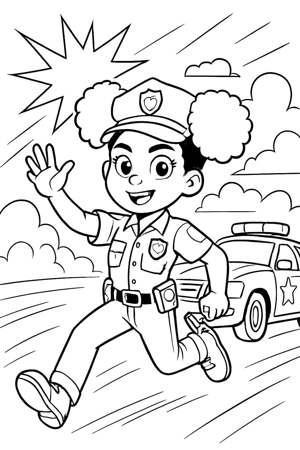 una linda oficial de policía femenina con afro puffs