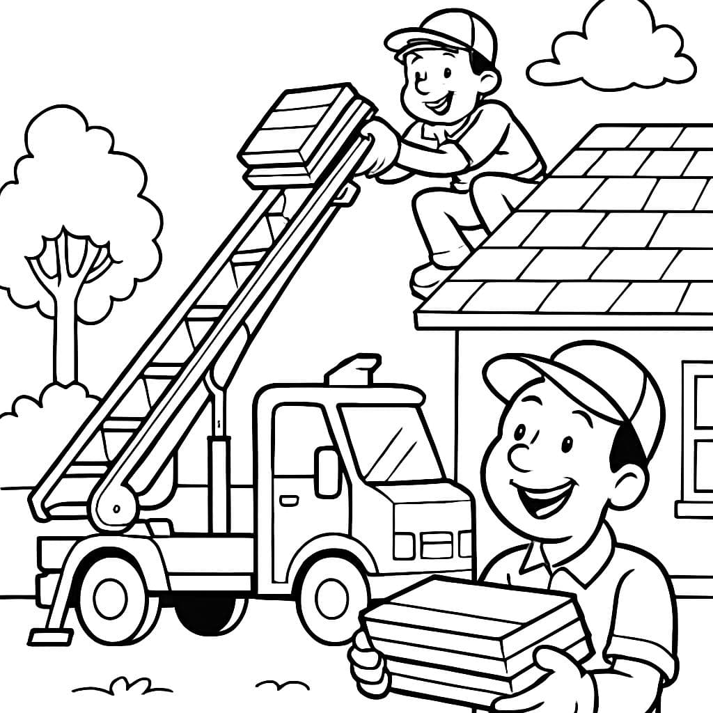 Deux personnes livrant des bardeaux avec un camion convoyeur de toiture.