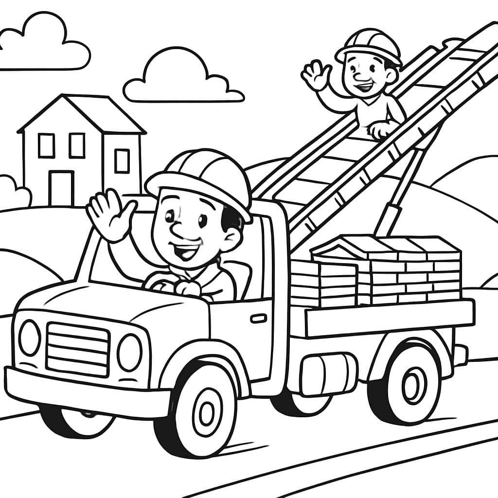 Un camion de toiture à convoyeur de bardeaux circulant sur la route avec des collines et des bâtiments en arrière-plan.