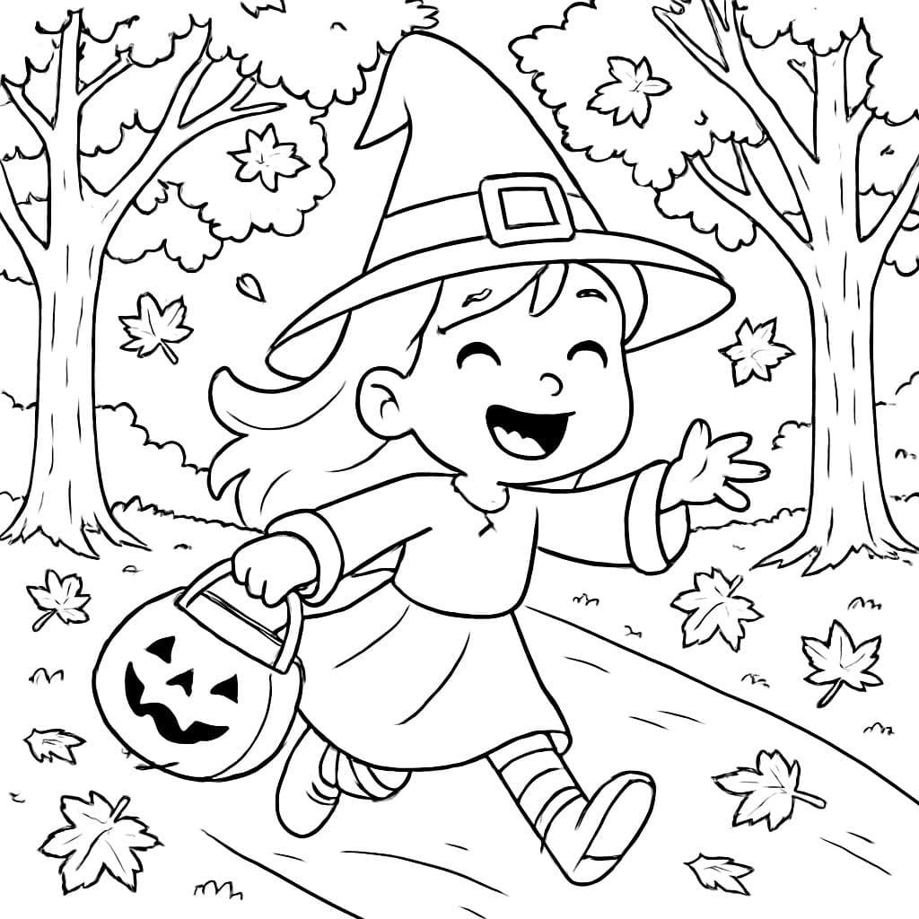 A little girl dressed as a witch trick-or-treating down a maple tree lined road.